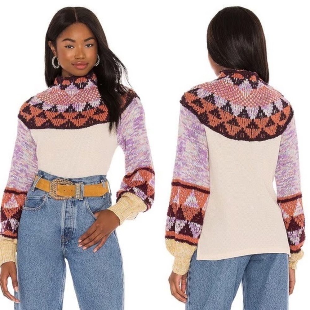 Free People Multicolor Fair Isle Yoke Sweater - Cream, Lavender, Rust, Black